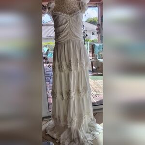 Saylor Narcissa Rusched Lace Trim Tiered Maxi Dress -Sz L